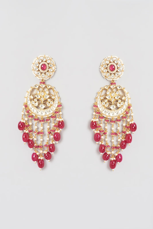 Gold Finish Kundan Polki & Pearl Chandbali Earrings