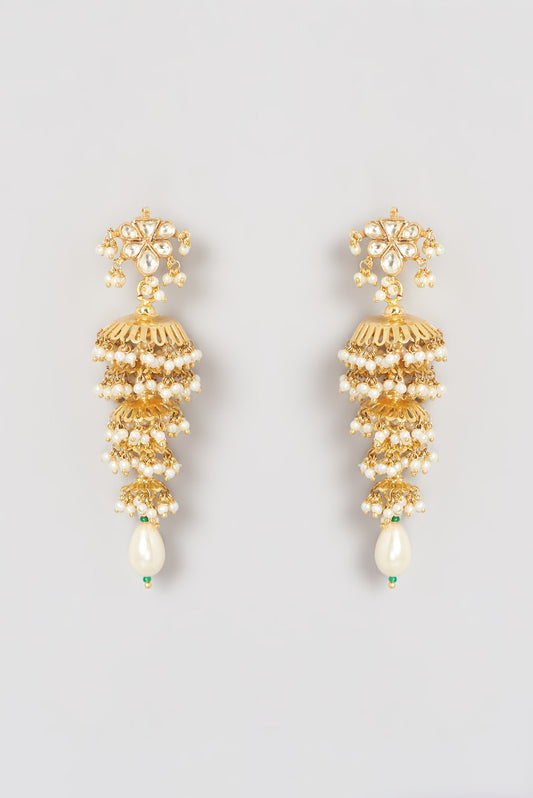 Gold Finish Kundan Polki & Pearl Dangler Earrings