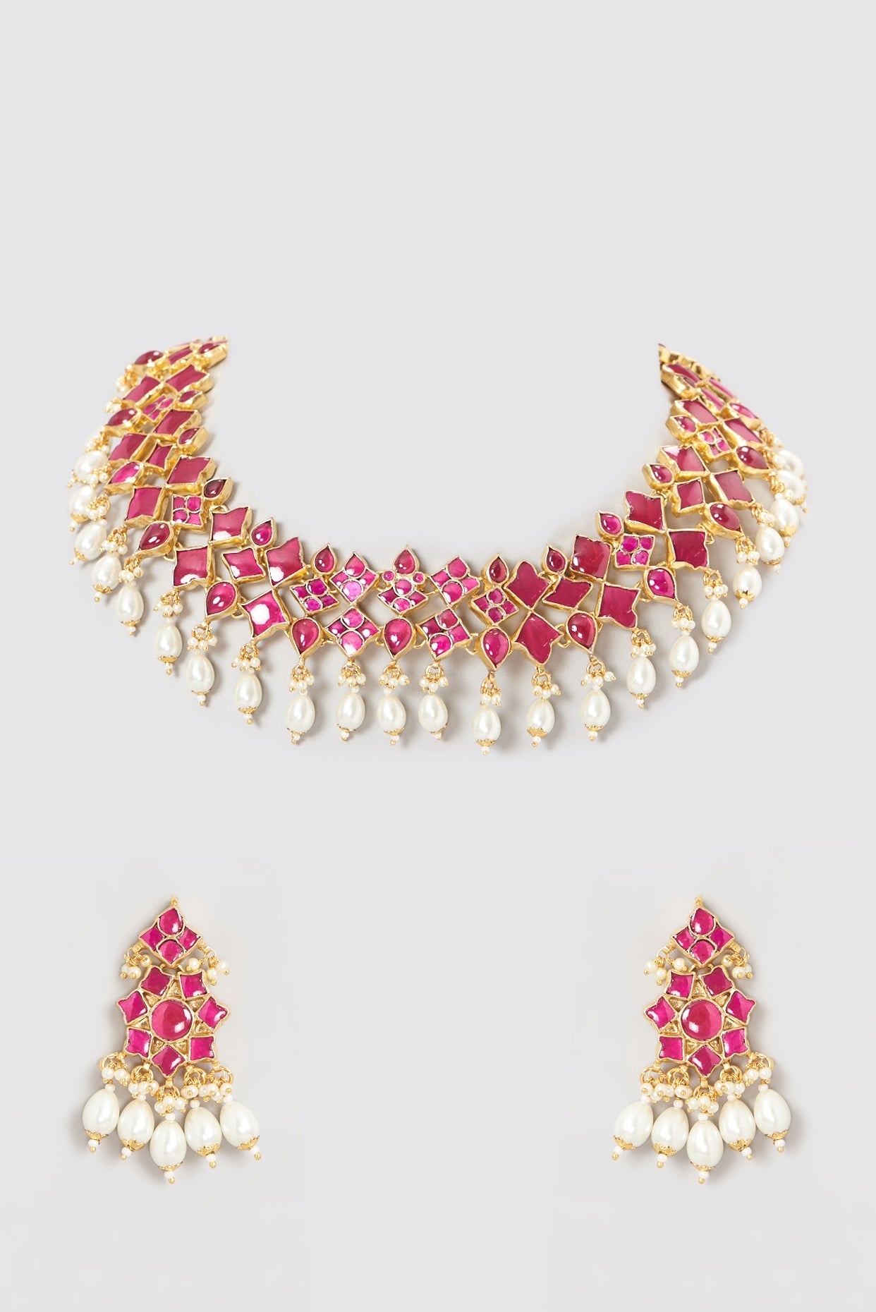 Gold Finish Kundan Polki & Pearl Choker Necklace Set