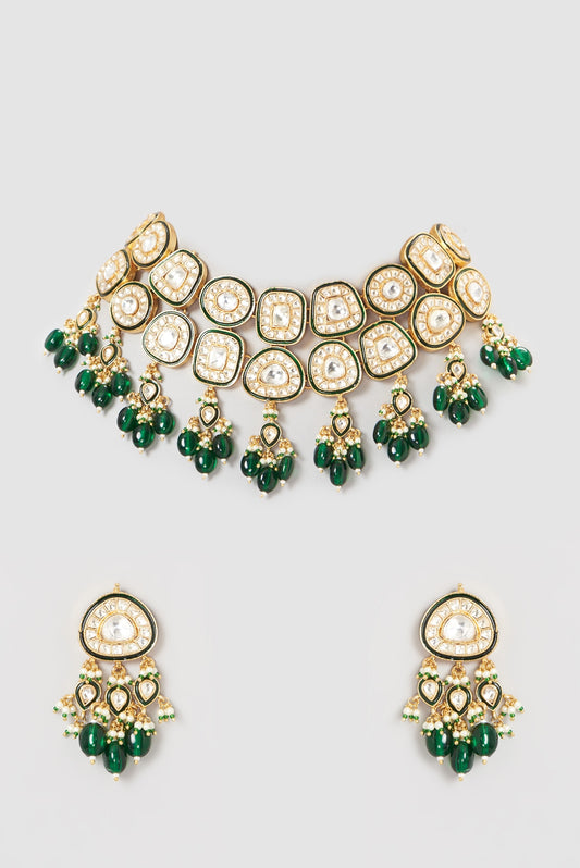 Gold Finish Kundan Polki & Pearl Choker Necklace Set