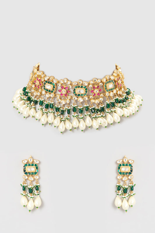 Gold Finish Multi-Colored Kundan Polki Necklace Set