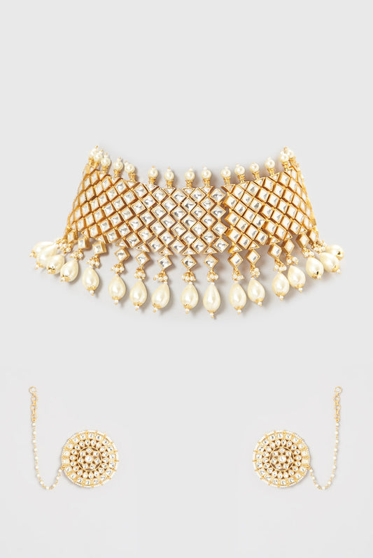 Gold Finish Kundan Polki & Pearl Choker Necklace Set