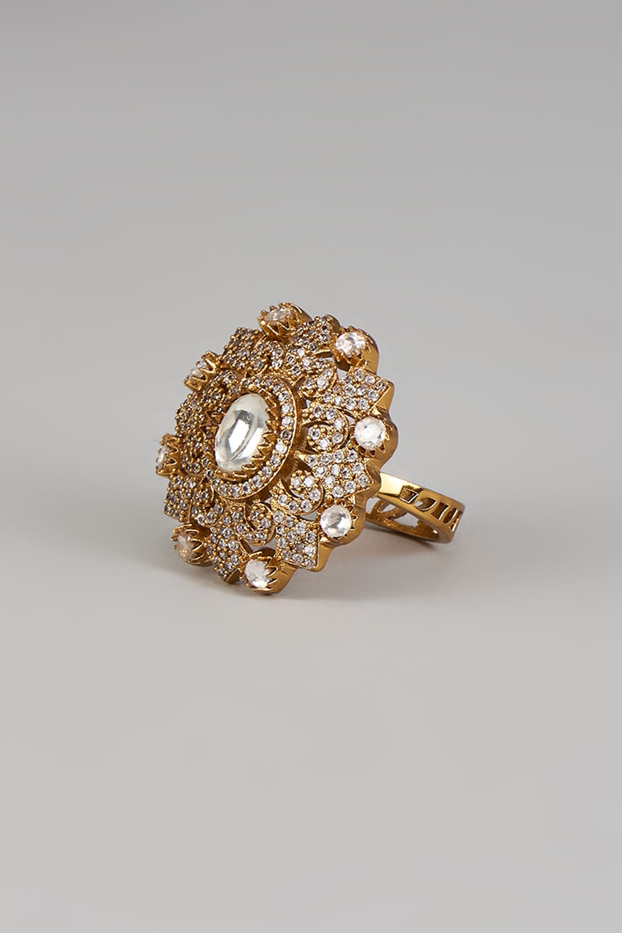 Gold Finish Kundan Polki & Zircon Ring