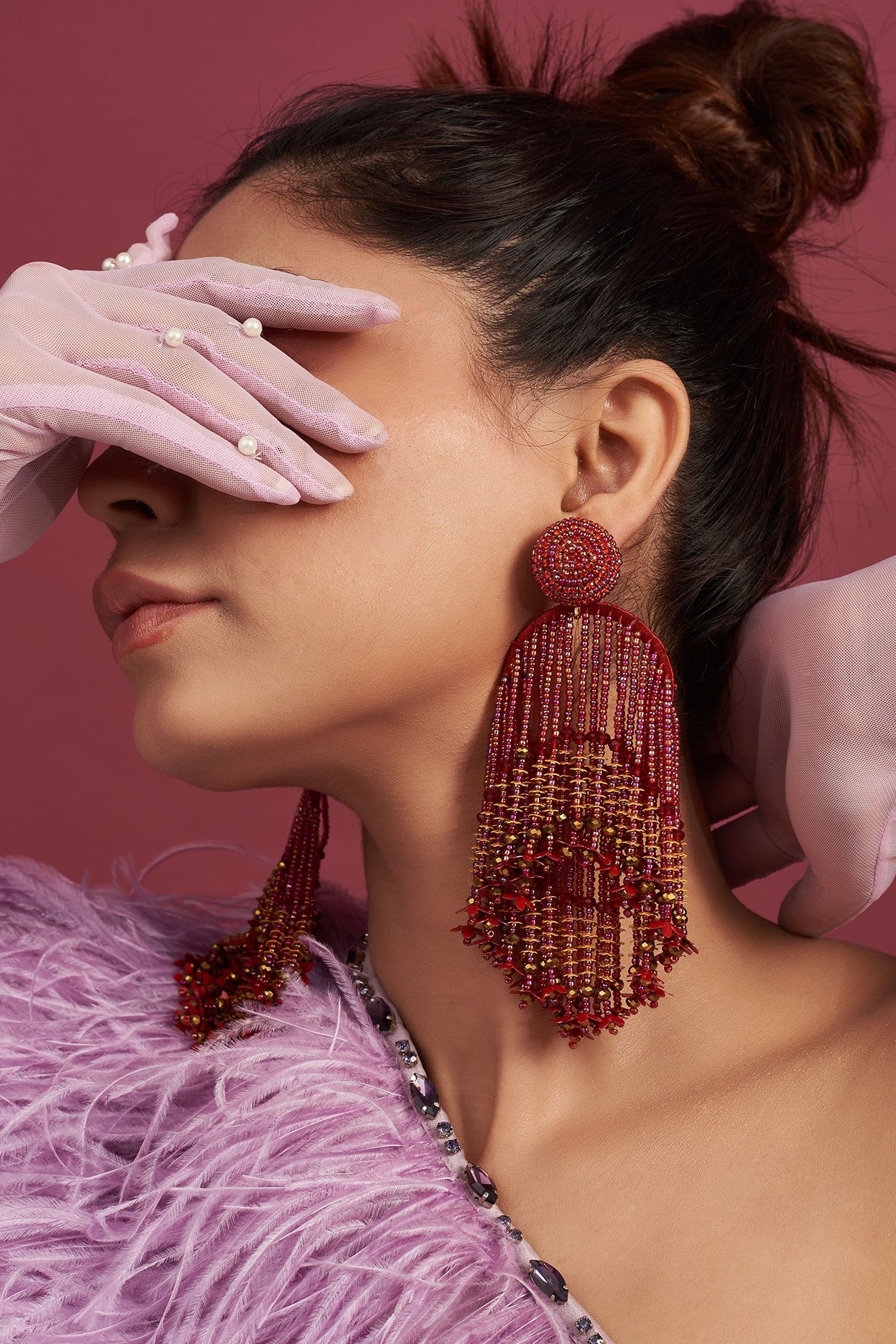 Two Tone Finish Red Beaded Dangler Earrings