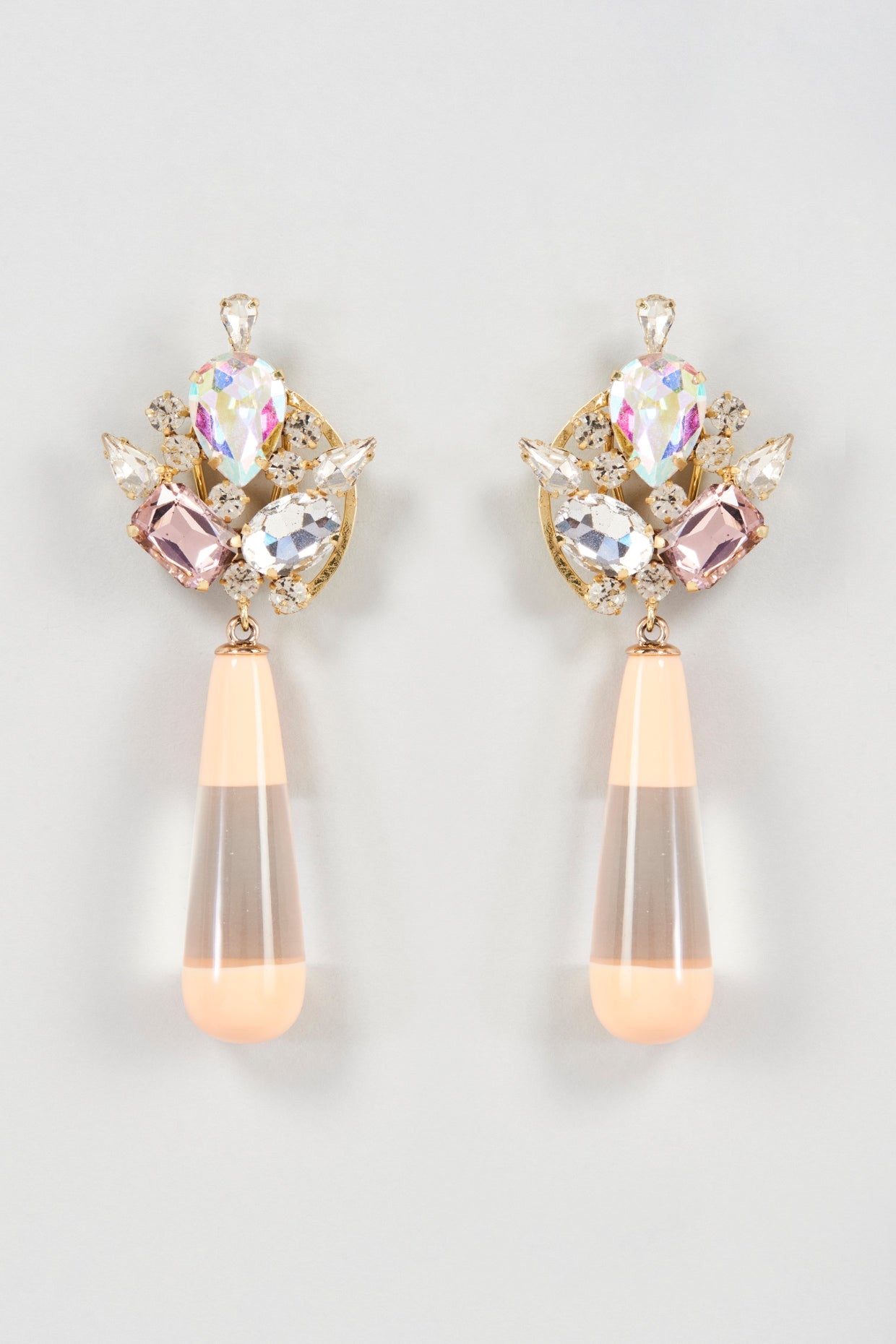 Two Tone Finish Peach & Neutral Crystal Dangler Earrings