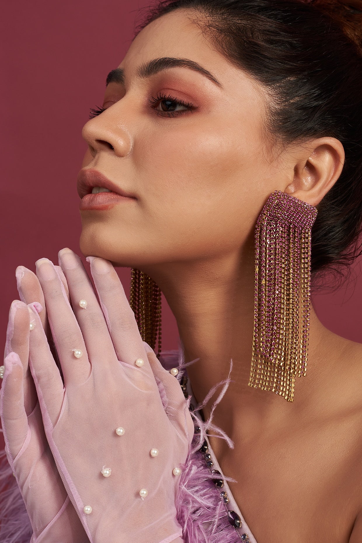 Gold Finish Pink & Gold Tassel Earrings