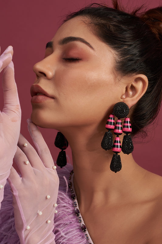 Two Tone Finish Black & Pink Crystal Dangler Earrings