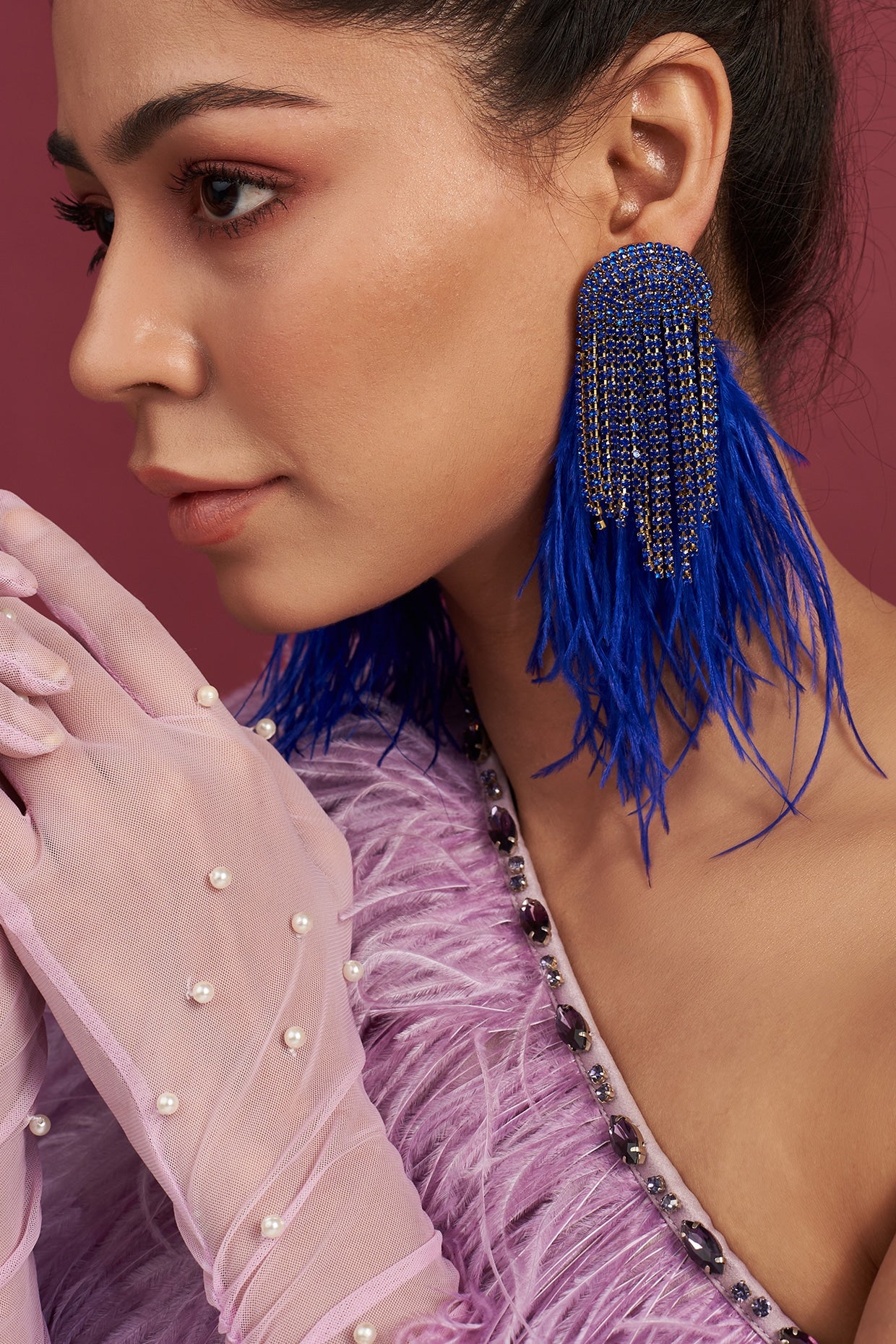 Two Tone Finish Royal Blue Feather Hanging Dangler Earrings