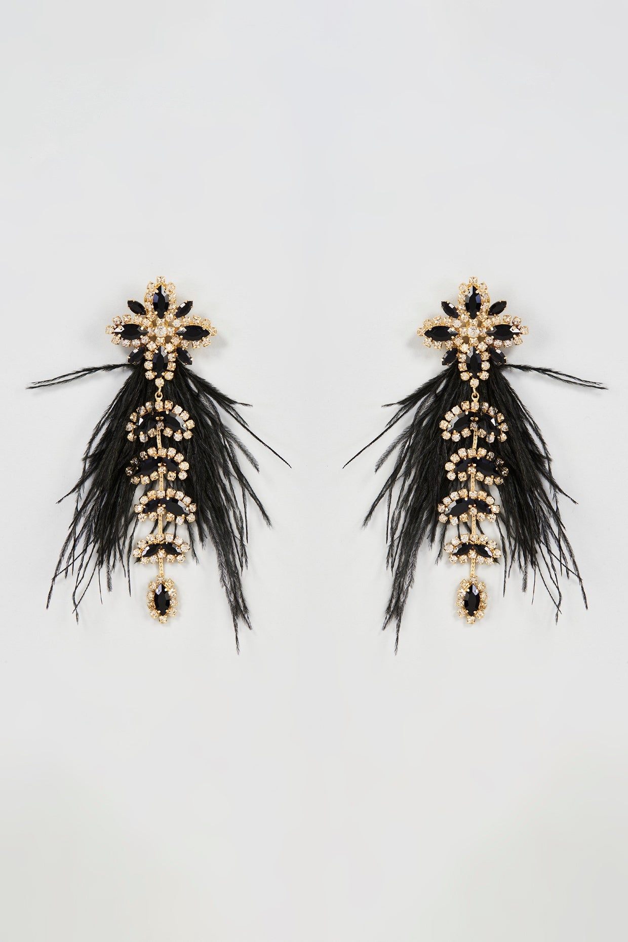 Two Tone Finish Black Feather & Crystal Dangler Earrings