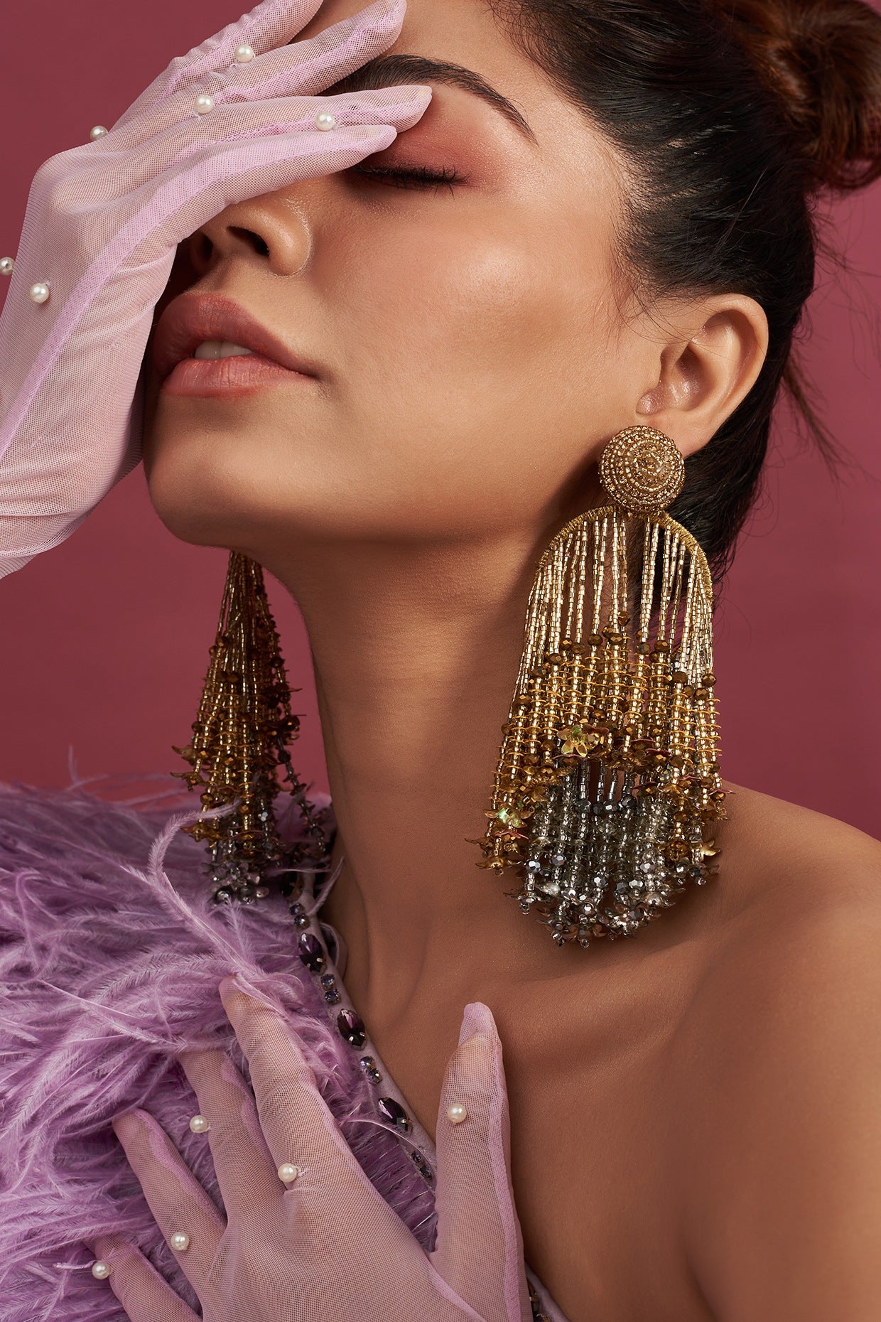 Gold Finish Sequins & Beaded Tassel Waterfall Dangler Earrings