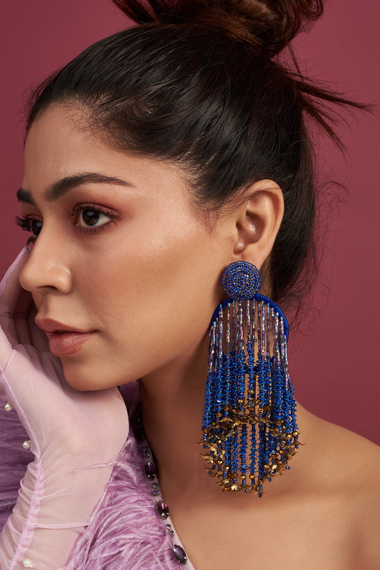 Two Tone Finish Crystal & Beaded Dangler Earrings