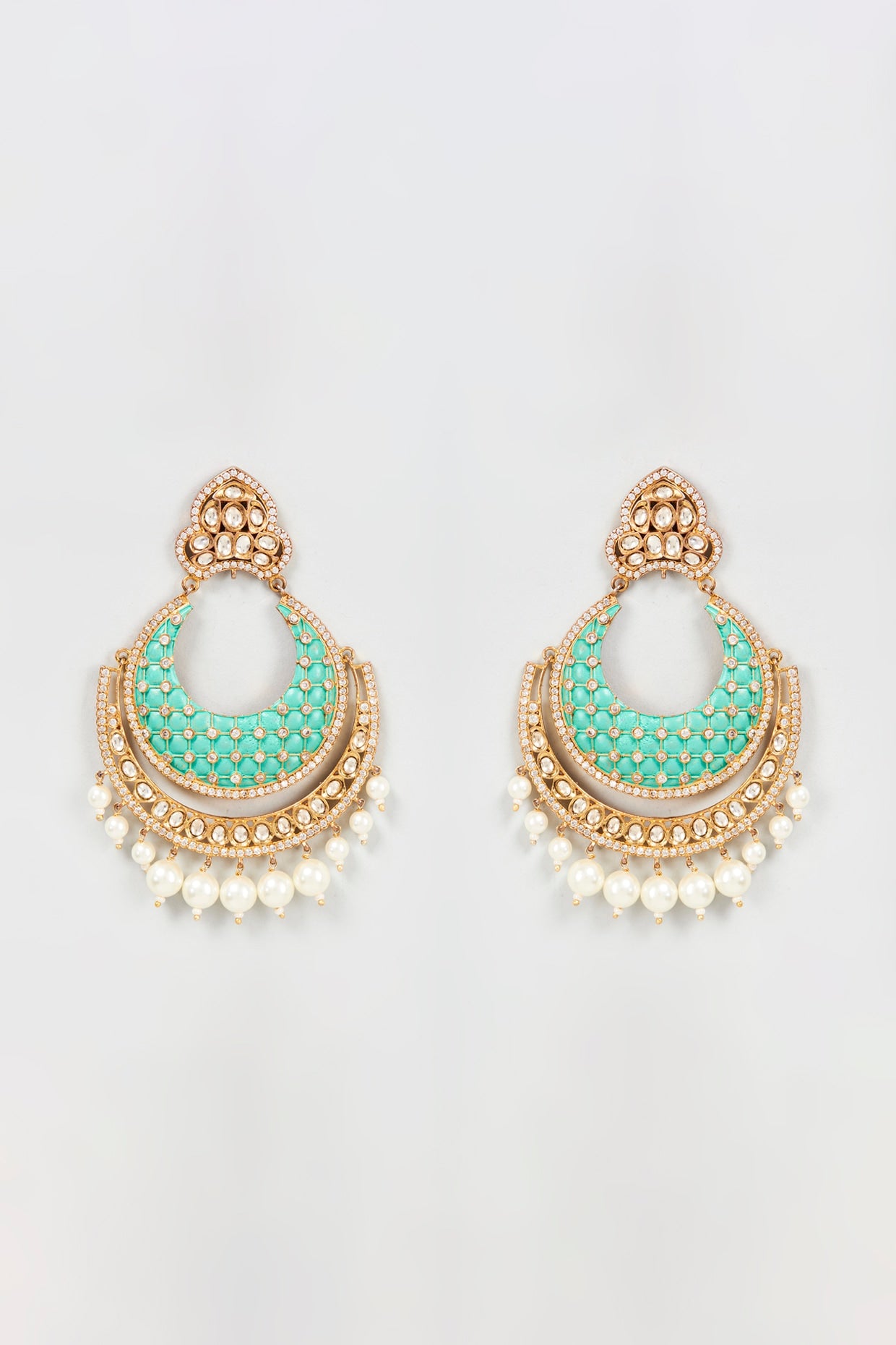 Gold Plated Kundan Polki Enameled Chandbali Earrings