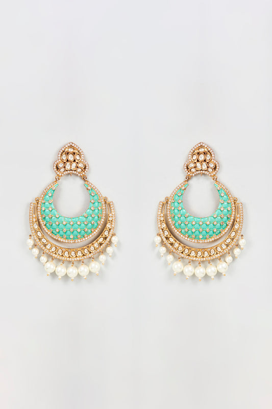 Gold Plated Kundan Polki Enameled Chandbali Earrings