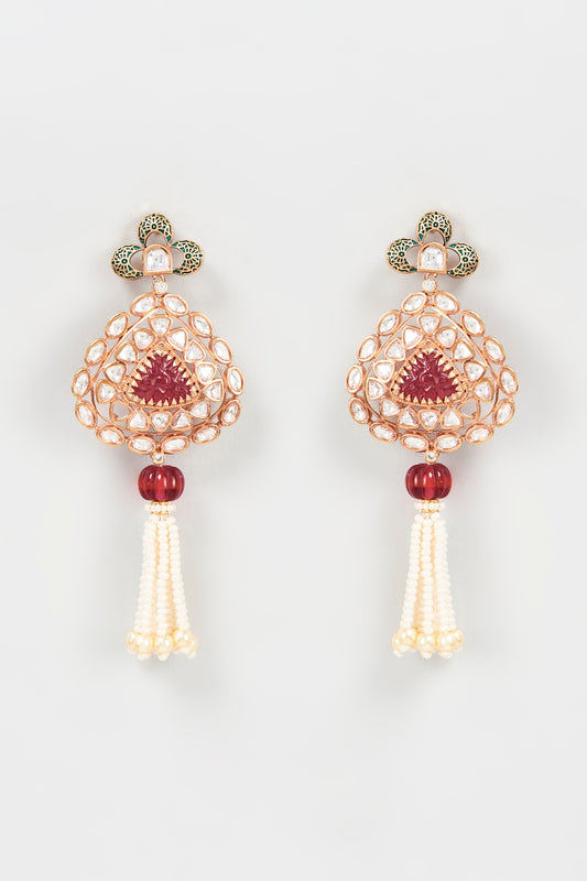 Gold Plated Kundan Polki & Ruby Dangler Earrings