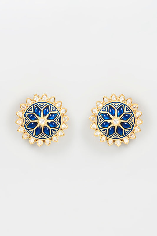 Gold Plated Kundan Polki Enameled Stud Earrings