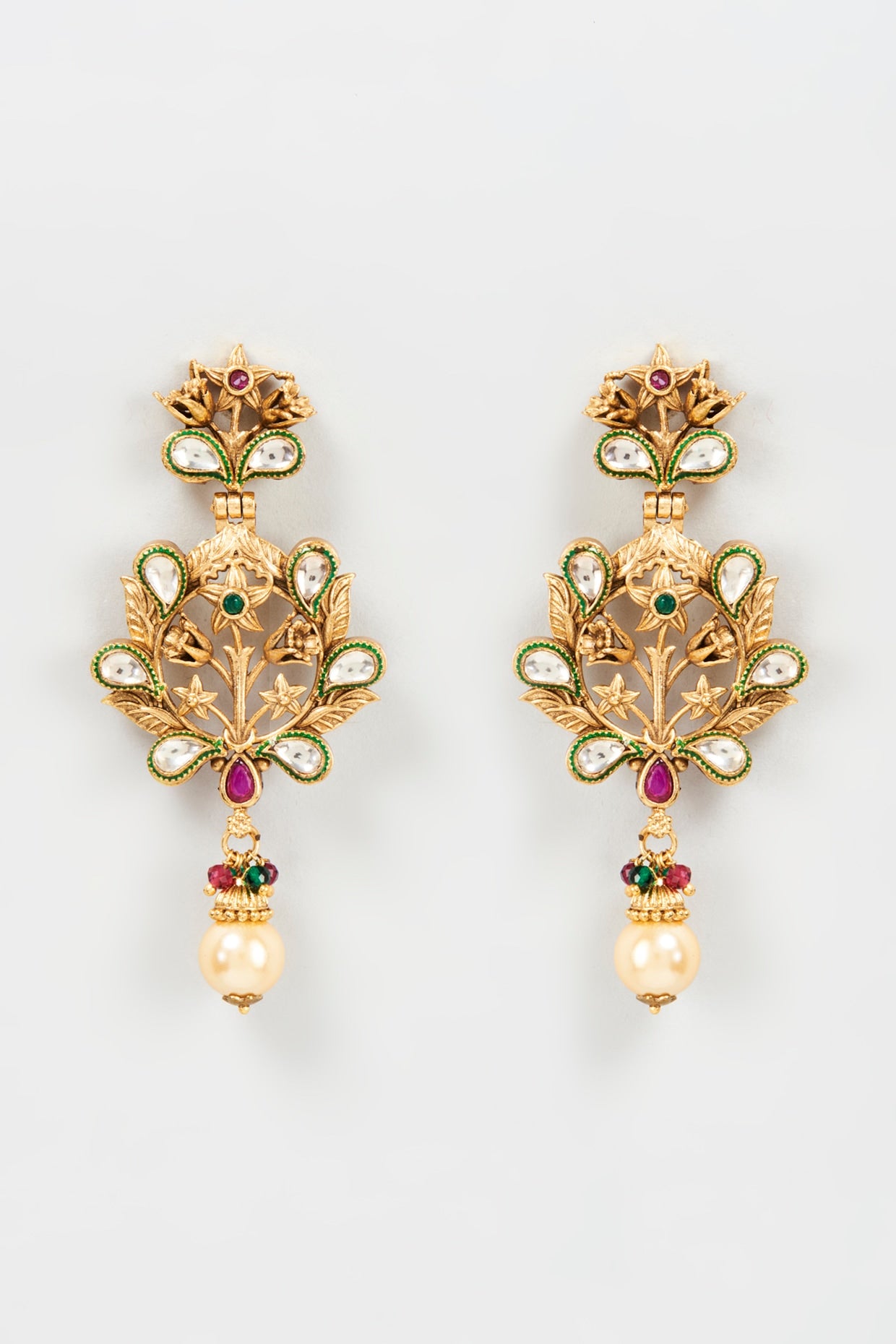 Gold Plated Semi-Precious Beaded Enameled Dangler Earrings