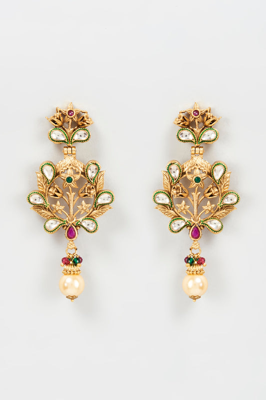 Gold Plated Semi-Precious Beaded Enameled Dangler Earrings