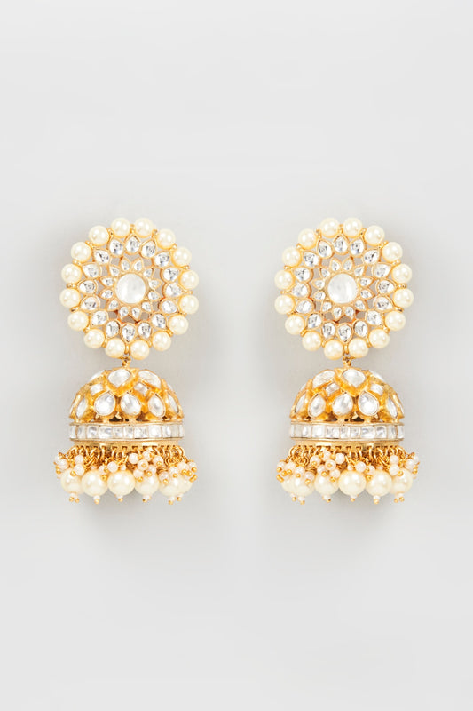 Gold Plated Kundan Polki & Jadtar Stone Jhumka Earrings