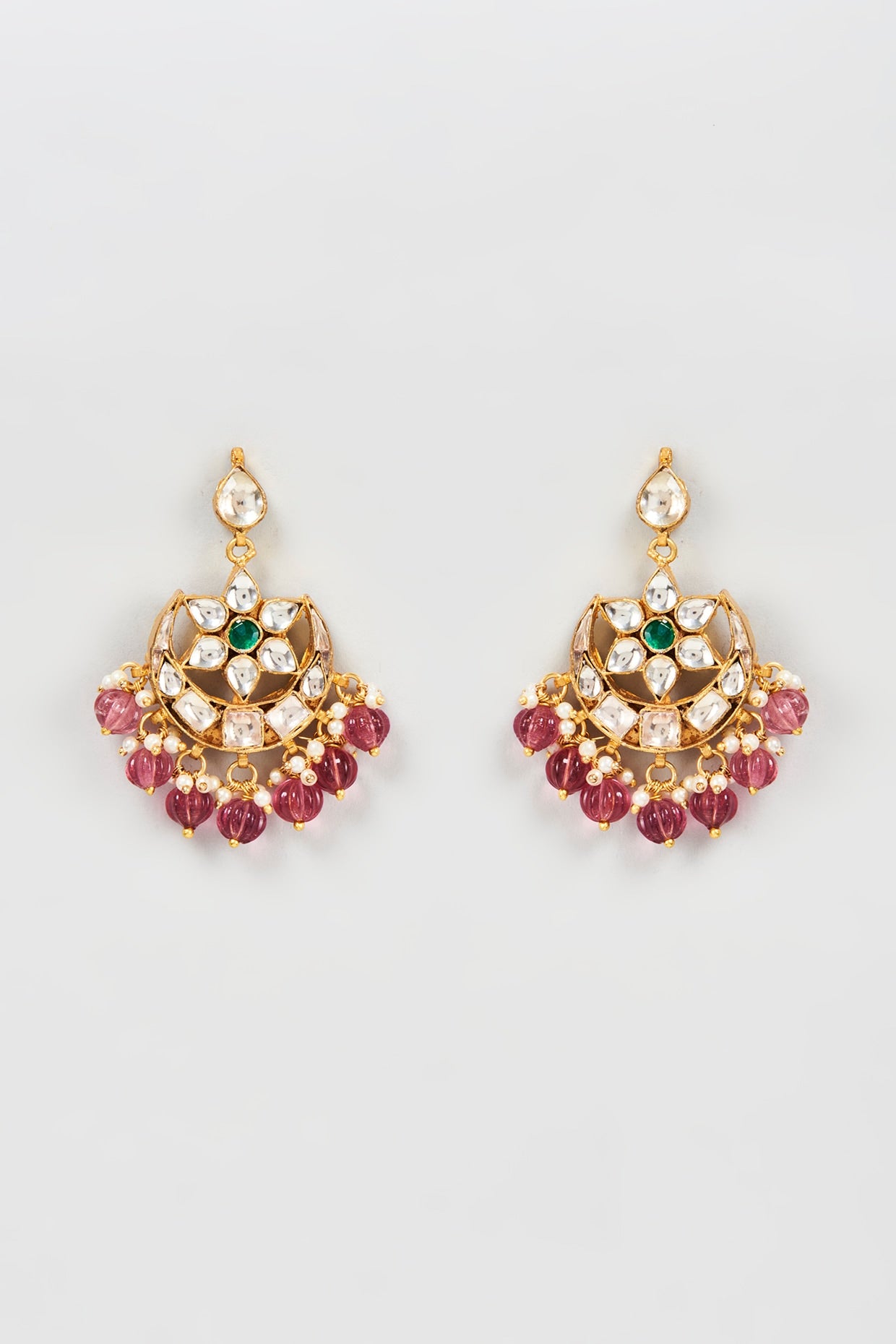 Gold Plated Kundan & Ruby Chandbali Earrings