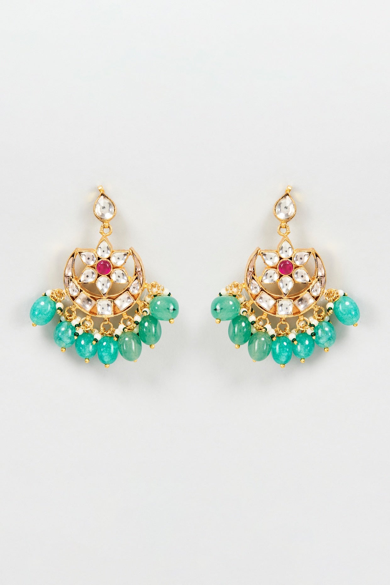 Gold Plated Kundan Polki & Ruby Stone Chandbali Earrings