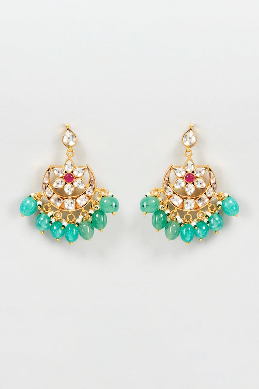 Gold Plated Kundan Polki & Ruby Stone Chandbali Earrings