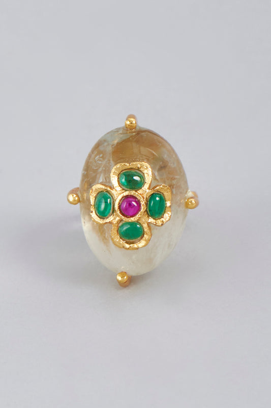 Gold Finish Topaz Agate Floral Ring