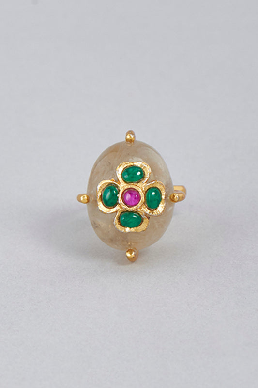 Gold Finish Rose Quartz & Green Onyx Floral Ring