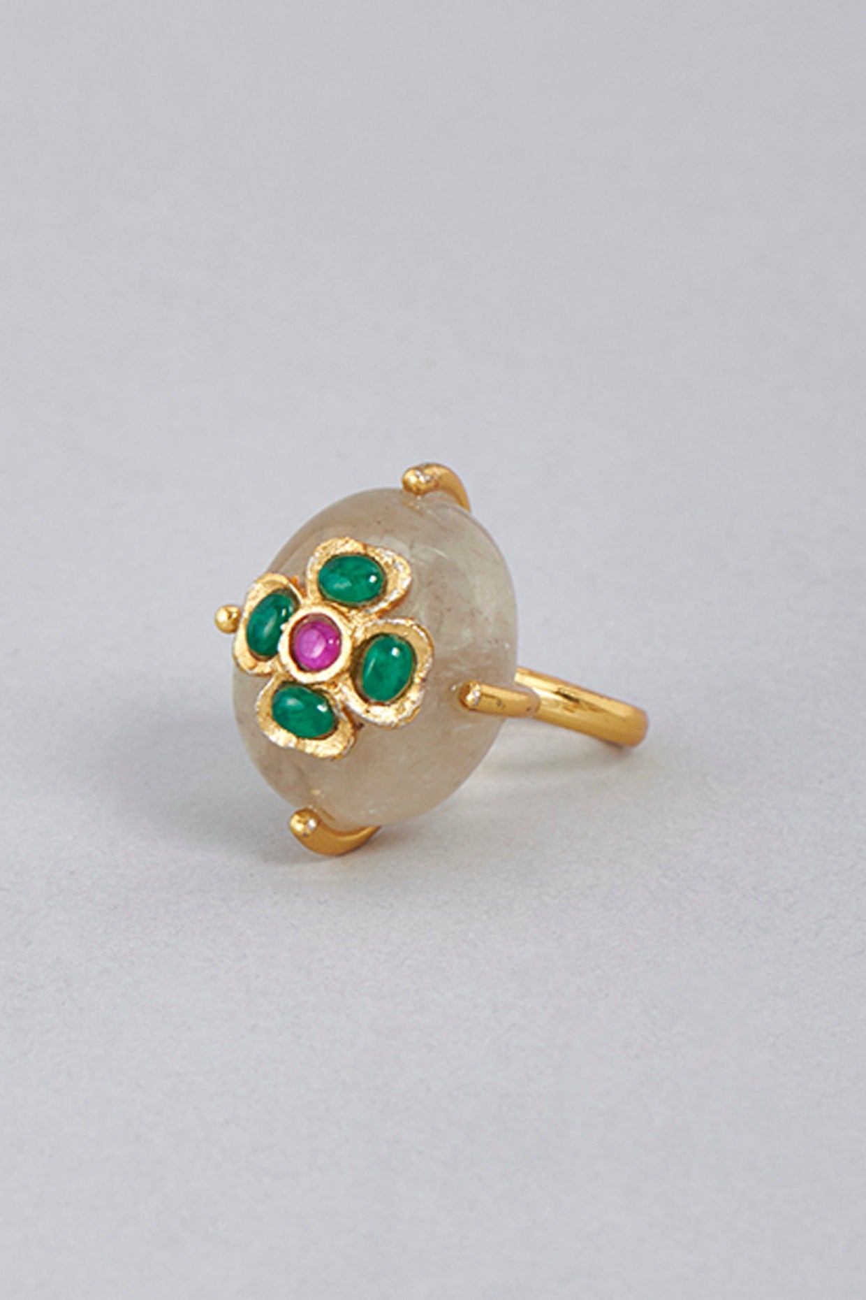 Gold Finish Rose Quartz & Green Onyx Floral Ring