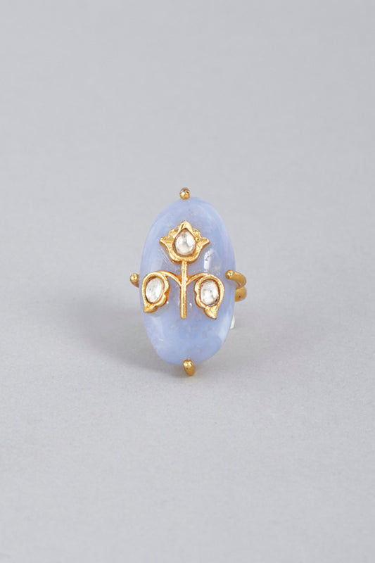 Gold Finish Agate Stone & Kundan Polki Ring