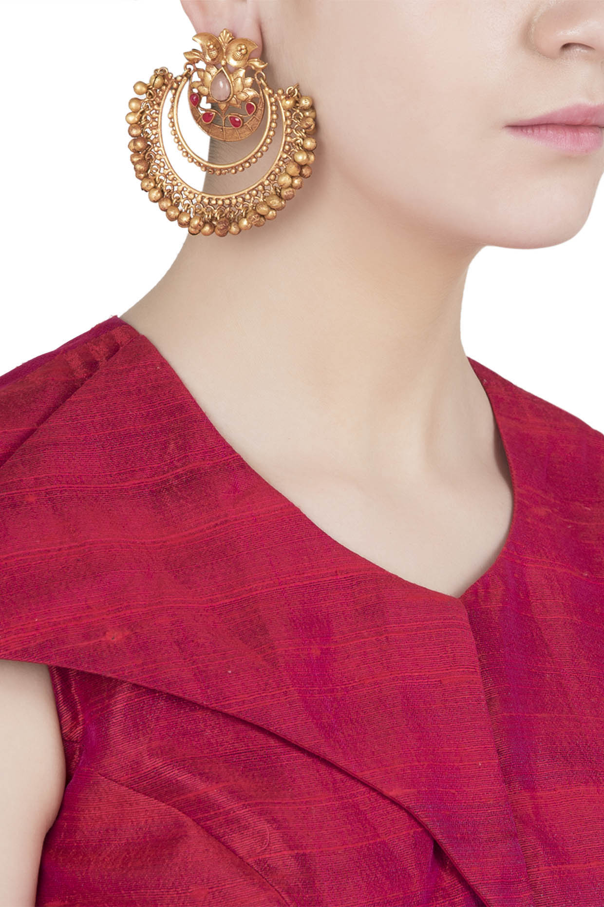 Gold Finish Textured Stones and Beads Chandbali Earrings