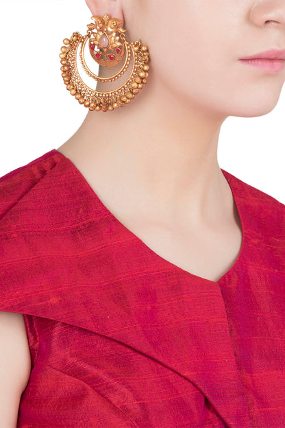 Gold Finish Textured Stones and Beads Chandbali Earrings