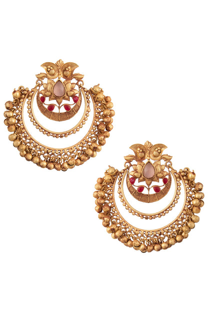 Gold Finish Textured Stones and Beads Chandbali Earrings