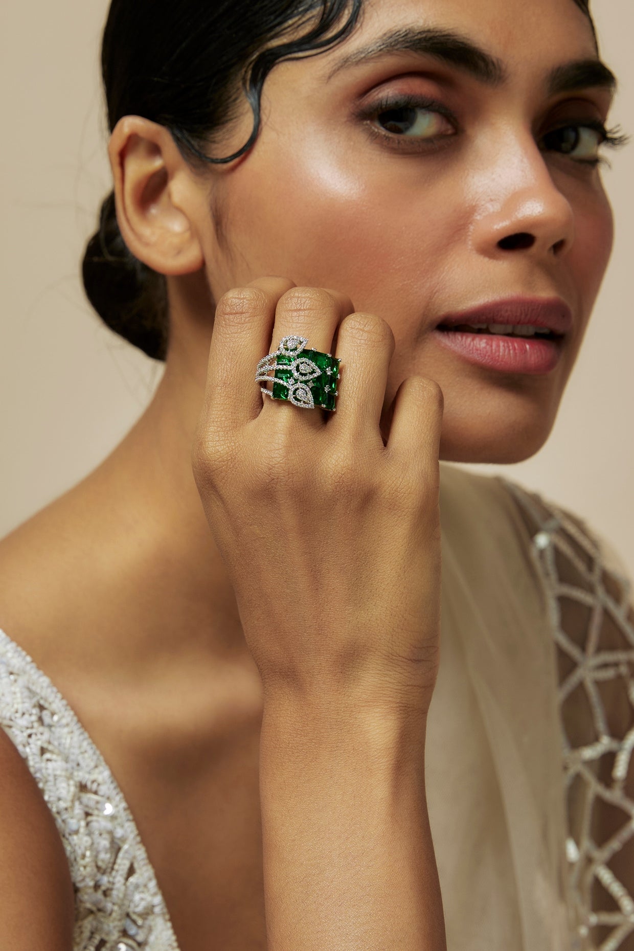 White Rhodium Finish Diamond & Emerald Adjustable Ring