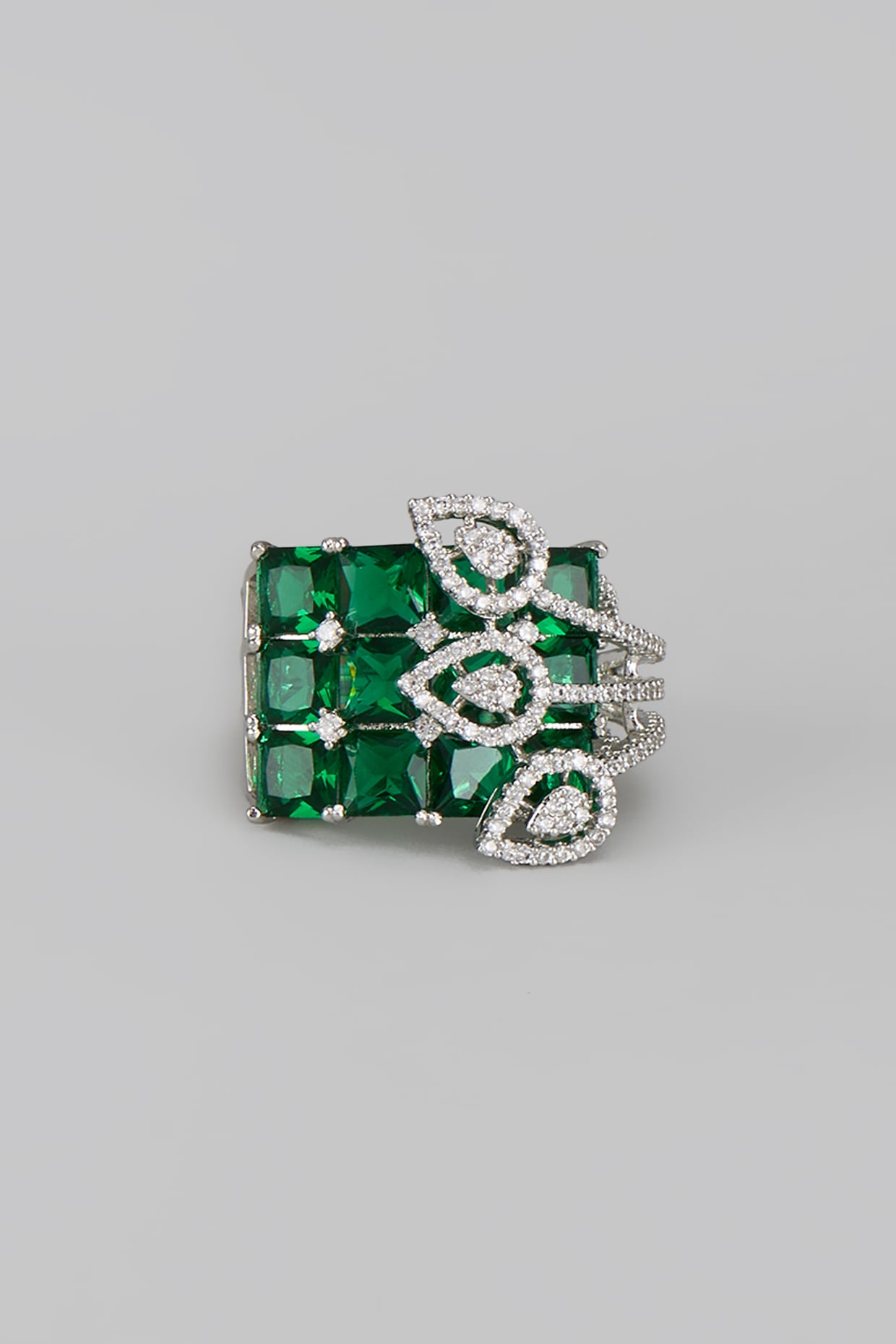 White Rhodium Finish Diamond & Emerald Adjustable Ring