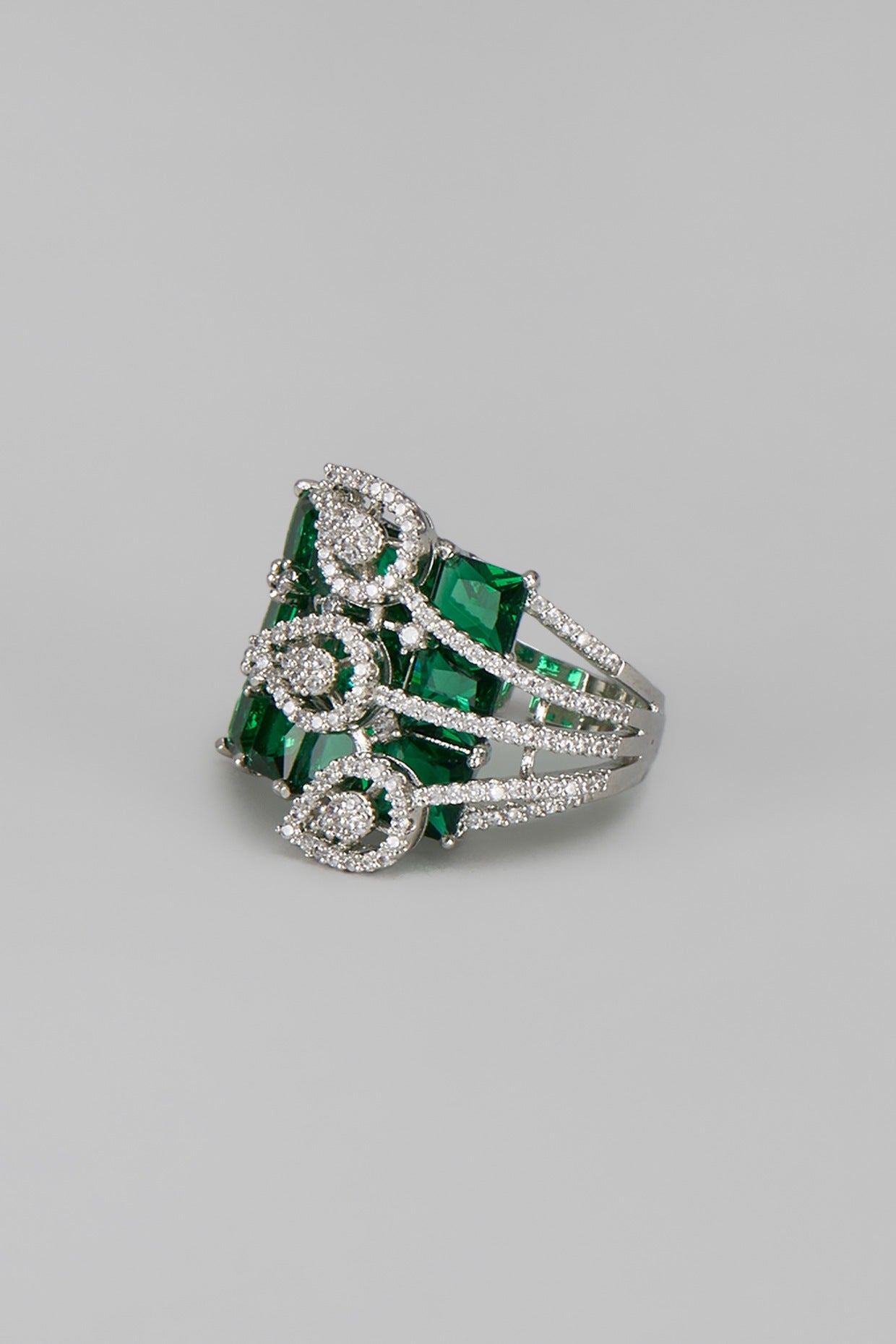 White Rhodium Finish Diamond & Emerald Adjustable Ring