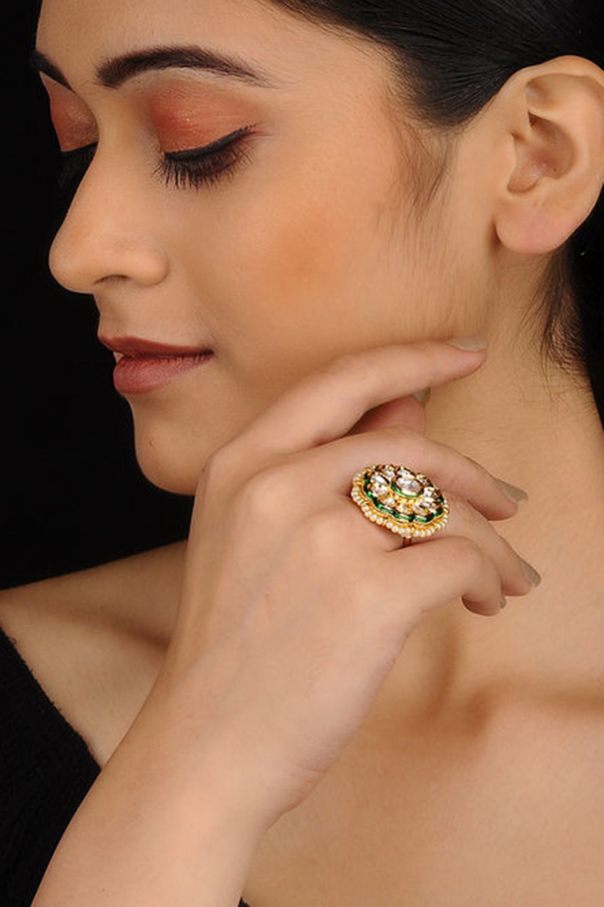 Gold Finish Kundan Polki Ring