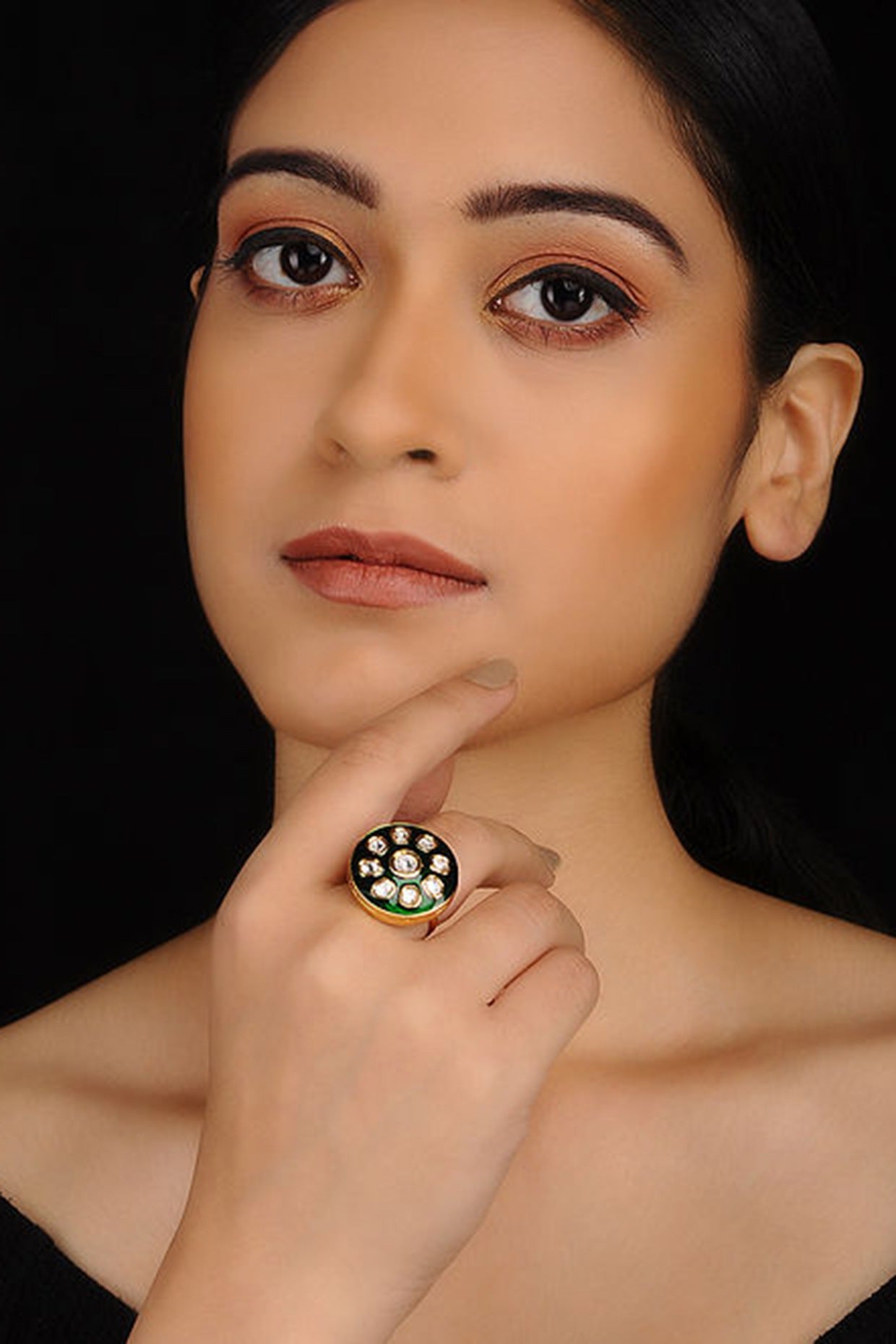 Gold Finish Kundan Polki Oversized Ring