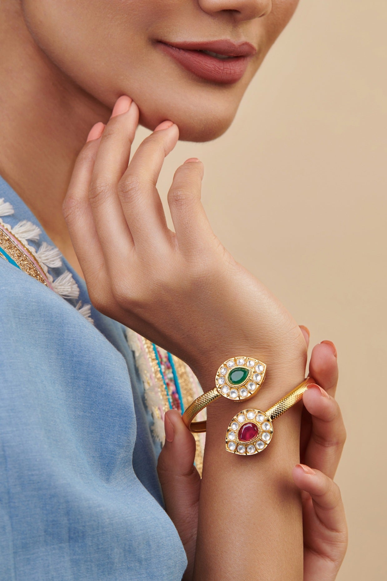 Gold Plated Kundan Polki & Stone Bracelet