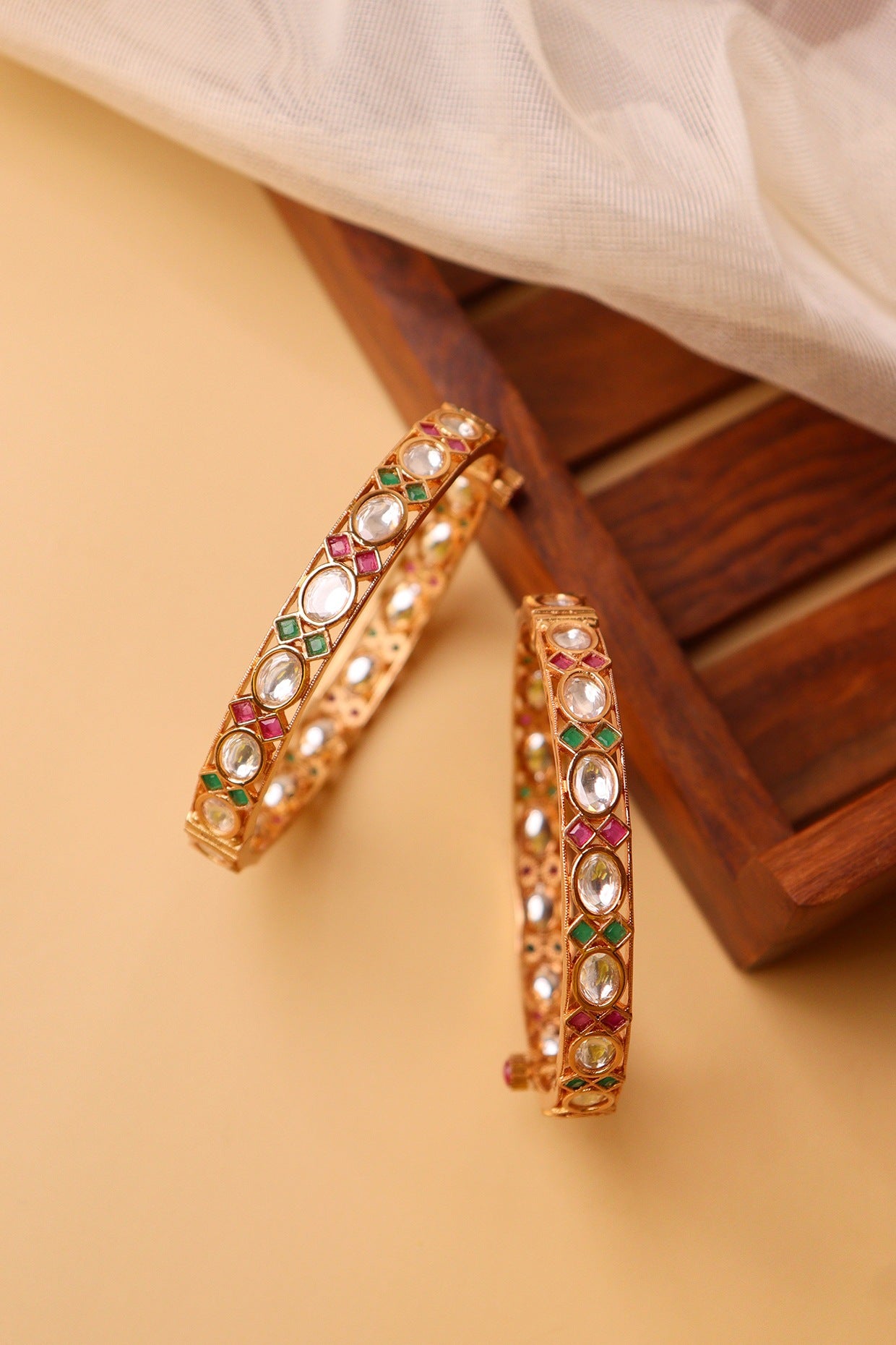 Gold Plated Kundan Polki & Stone Bangles (Set of 2)