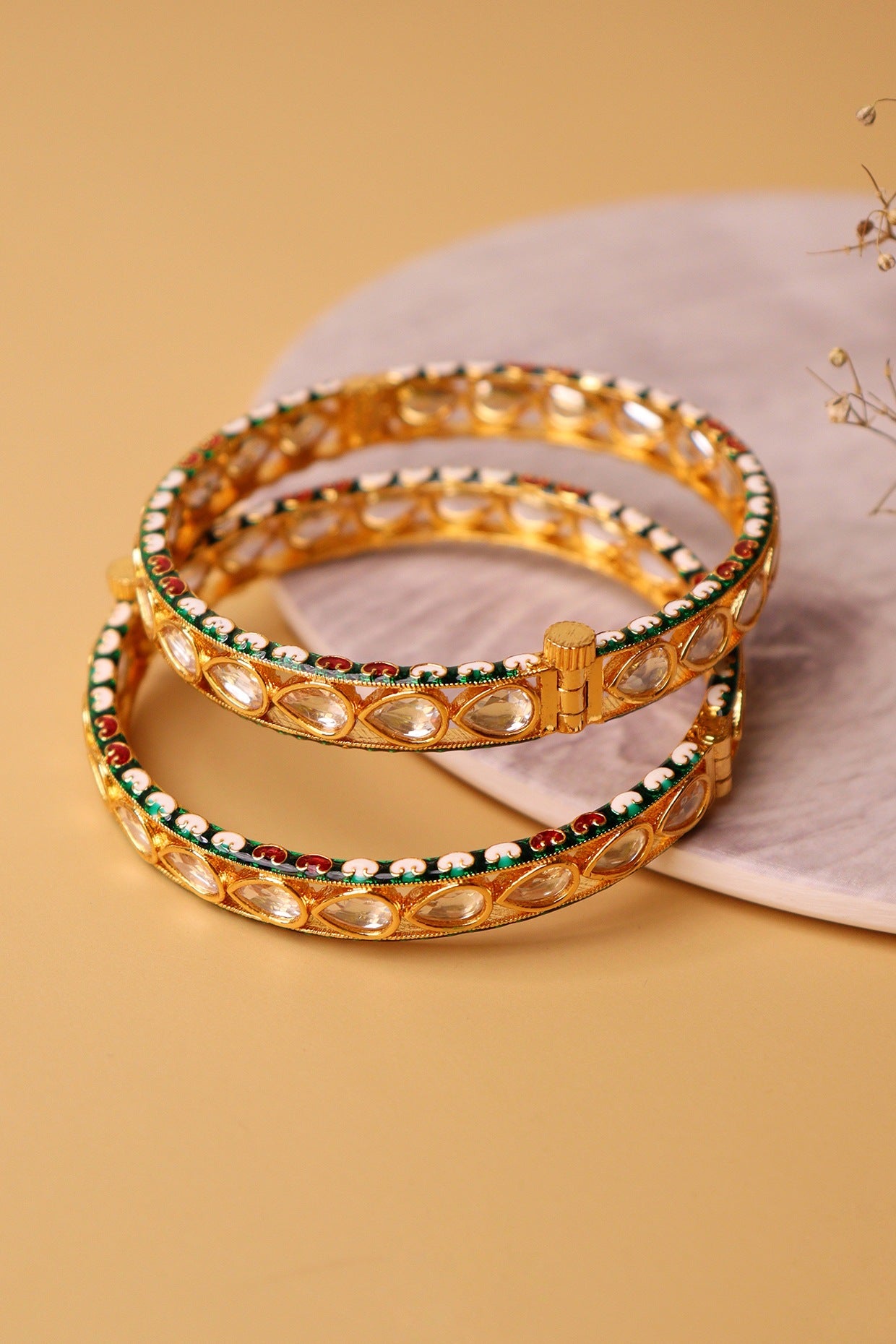 Gold Plated Kundan Polki & Stone Bangles (Set of 2)