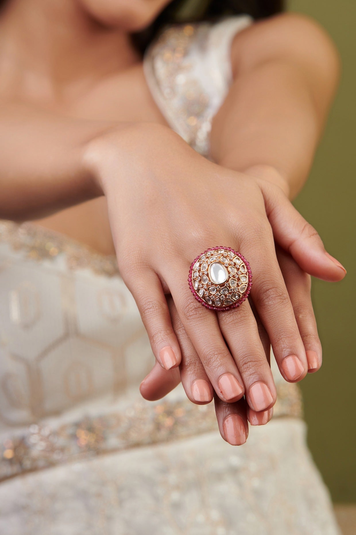 Gold Plated Kundan Polki & Red Crystalline Ring