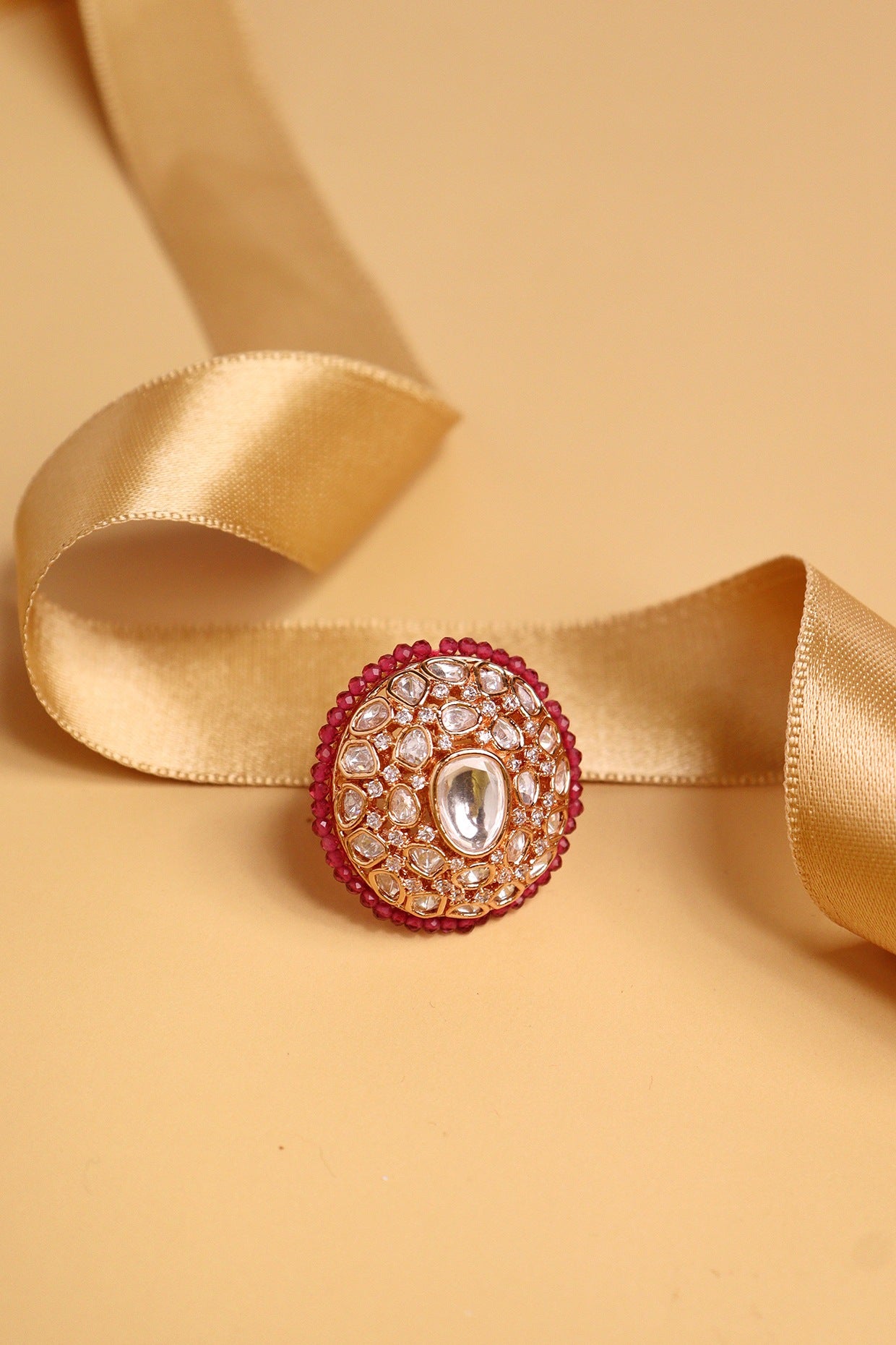 Gold Plated Kundan Polki & Red Crystalline Ring