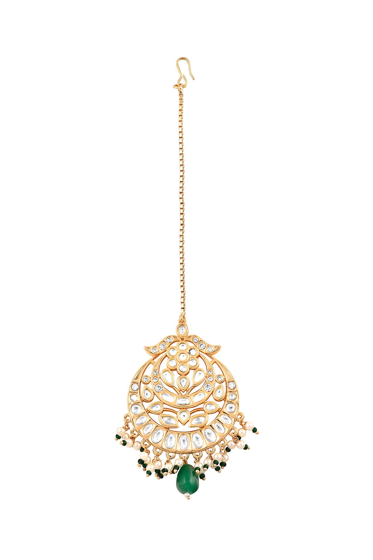 Gold Plated Kundan Polki & Green Drop Maangtikka