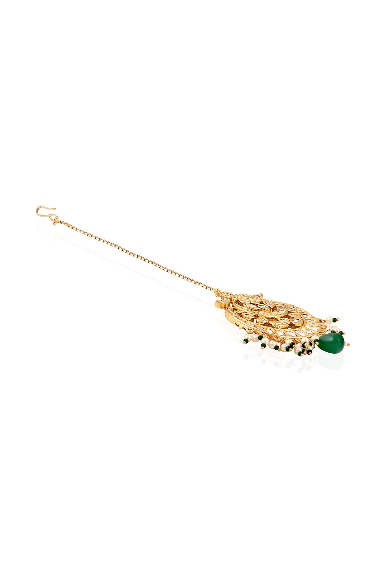 Gold Plated Kundan Polki & Green Drop Maangtikka