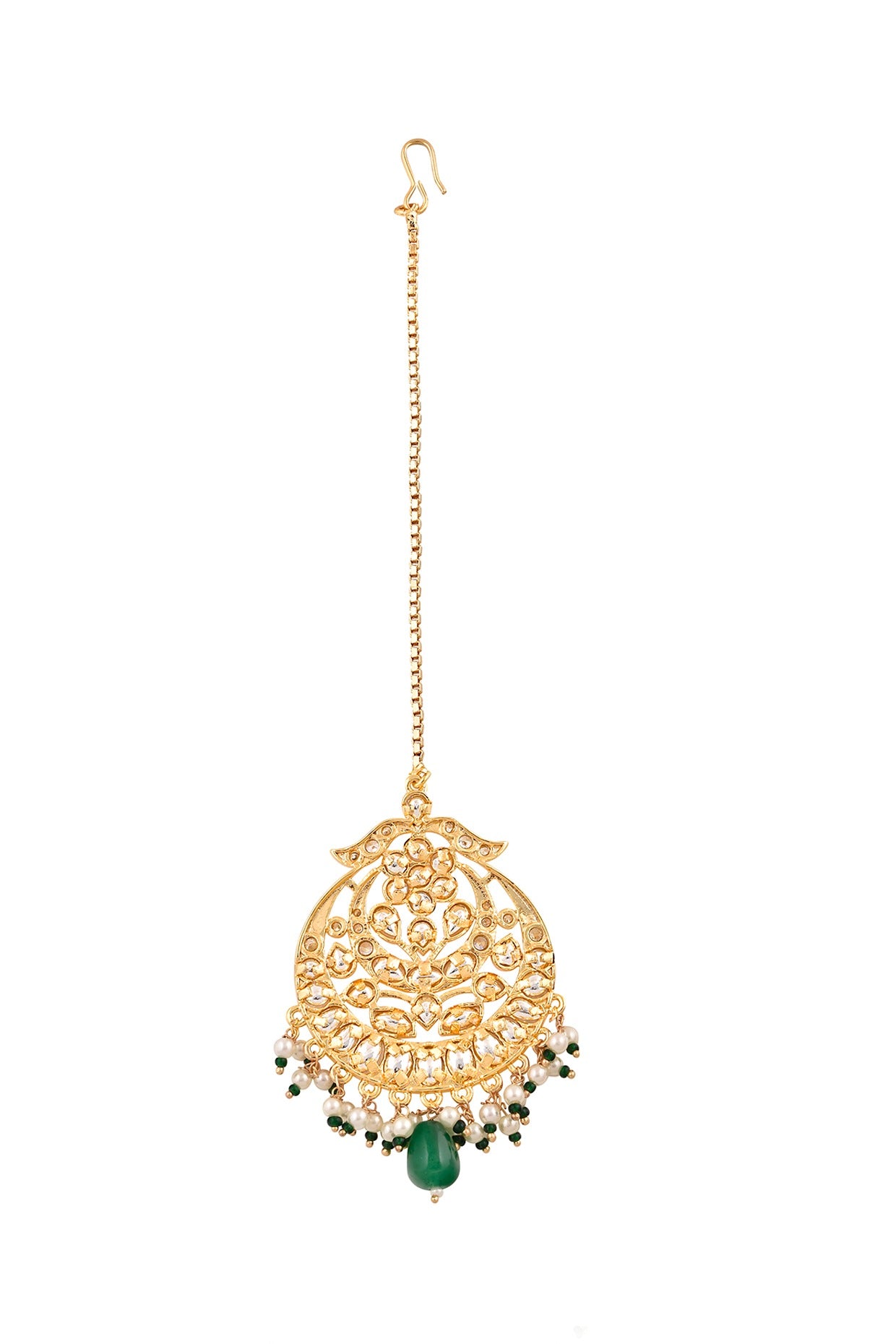 Gold Plated Kundan Polki & Green Drop Maangtikka