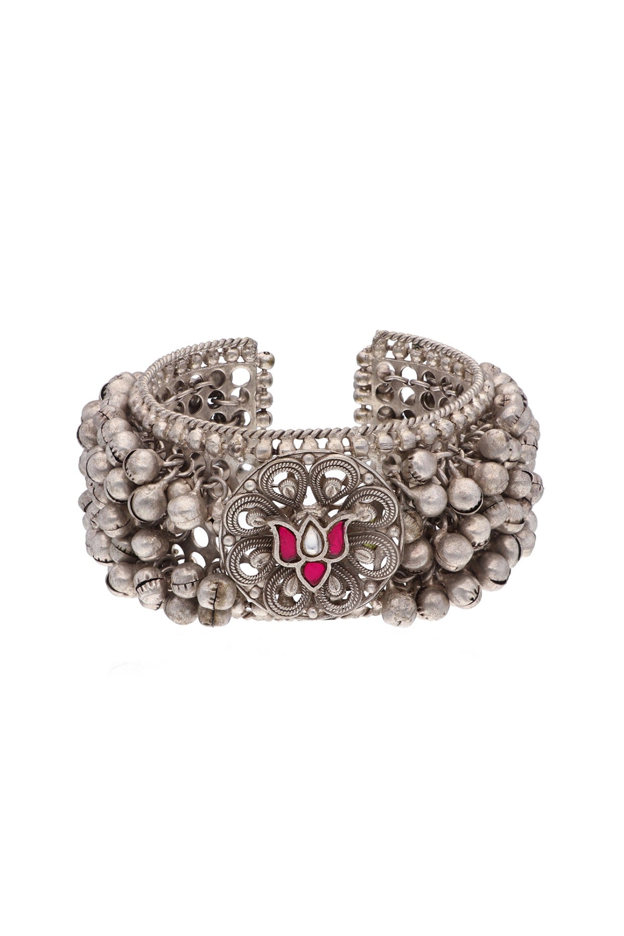 Two-Tone Finish Pink Floral Stone Cuff