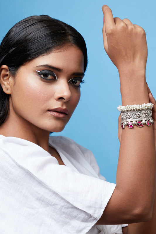 Two-Tone Finish Pink Floral Stone & Pearl Cuff