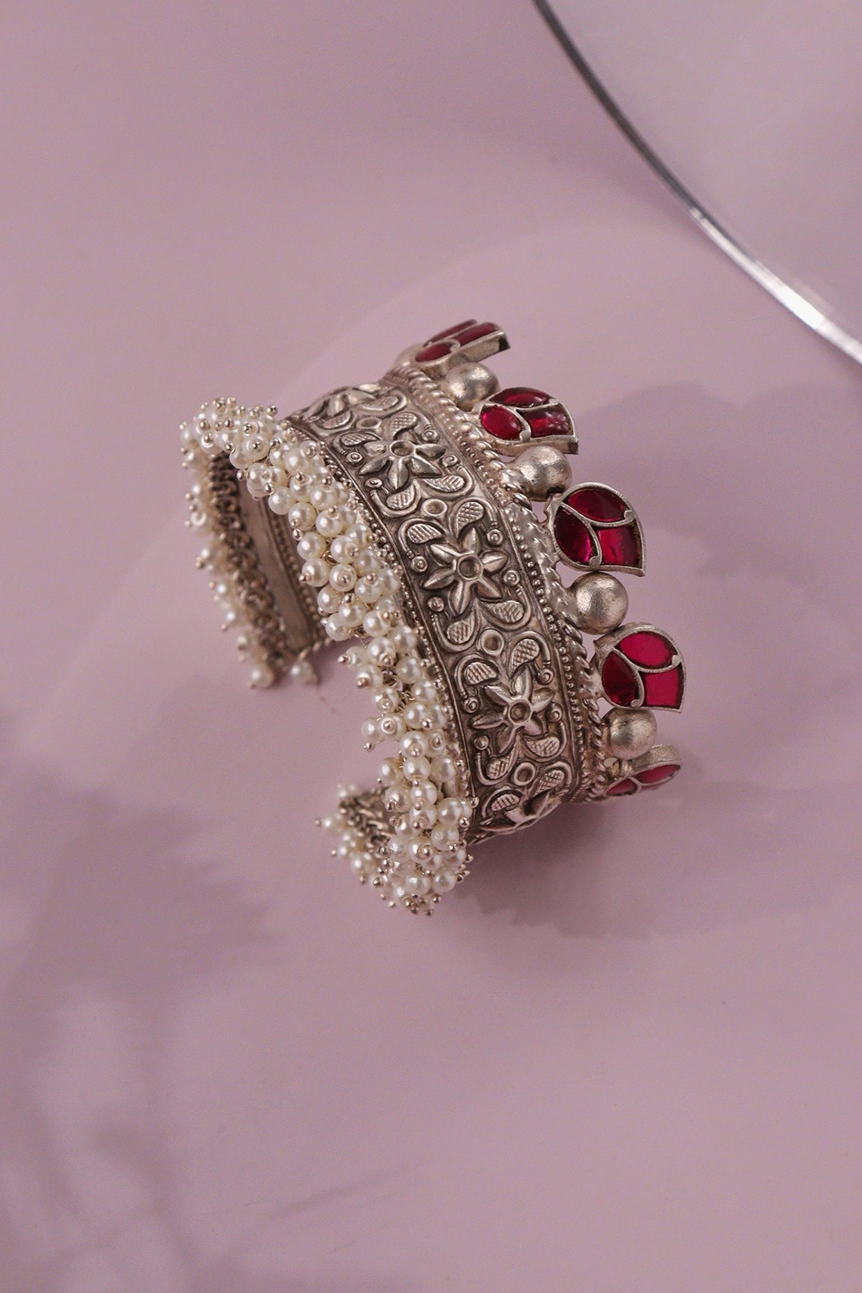 Two-Tone Finish Pink Floral Stone & Pearl Cuff