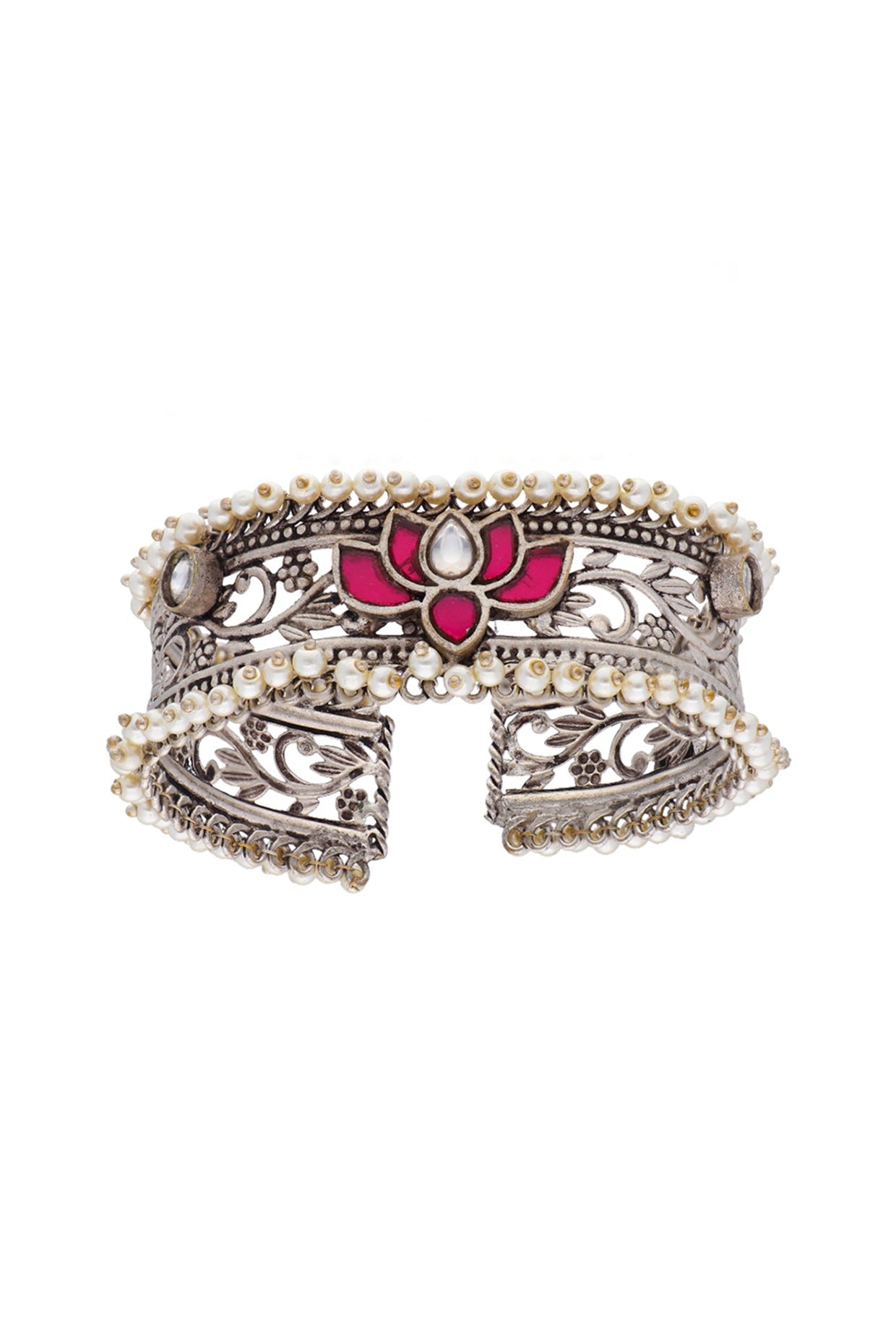 Two-Tone Finish Pink Floral Stone & Pearl Cuff