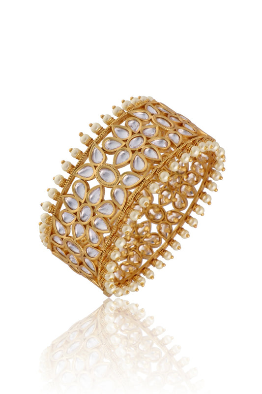 Gold Finish Kundan Polki & Shell Pearl Bangle